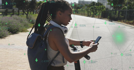 Image of data processing over biracial woman using smartphone with scooter in park. health and...