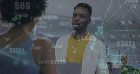 Image of data processing and network of connections over diverse business people in office. Global...