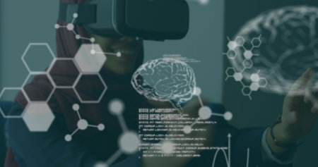 A young adult solo is exploring virtual reality, surrounded by digital graphics. She has dark skin,...