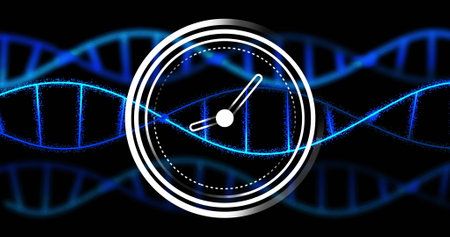 Image of clock moving over dna strands on black background. Global science and digital interface...