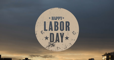 Image of happy labor day text over cityscape. labor day and celebration concept digitally generated image.の写真素材