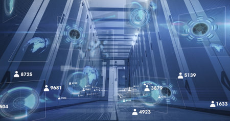 Image of data processing over server room. Global business and digital interface concept digitally...