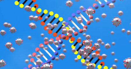 Image of dna strand spinning with covid cells and blood cells floating. Coronavirus pandemic concept.の写真素材