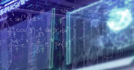 Image of data processing over server room. Global business and digital interface concept digitally...