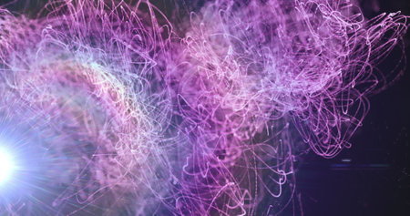 Image of explosion of purple light trails and glowing spotlight. colour and movement concept digitally generated image.の写真素材