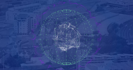 Composition of data processing and scopes scanning over globe and cityscape. global connections, digital interface and technology concept digitally generated image.の写真素材