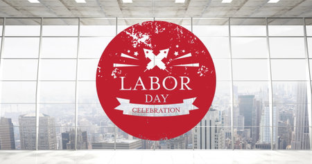 Image of labor day celebration text over cityscape. labor day and celebration concept digitally generated image.の写真素材