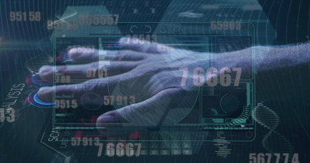 Caucasian male manager interacting with digital interfaces. Wearing suit, showing middle-aged features like slight wrinklesの写真素材