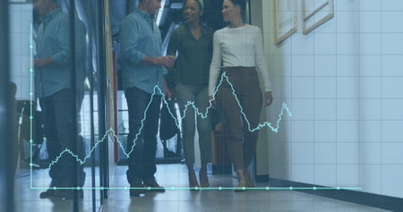 Image of financial data processing over diverse business people discussing work at office. Global business, finances and digital interface concept digitally generated image.の写真素材