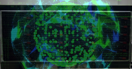 A person in a dark shirt stands behind a clear interface with green data points. Hands interacting...