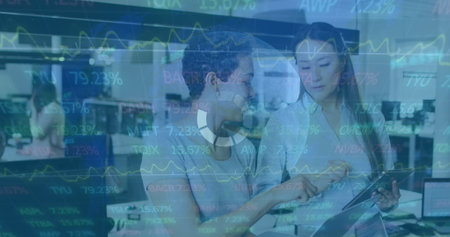 Image of data processing over business people using phone headsets. Global business finance and...