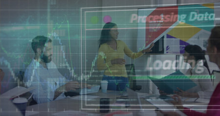 Image of financial data processing over diverse business people having meeting at office. Global...