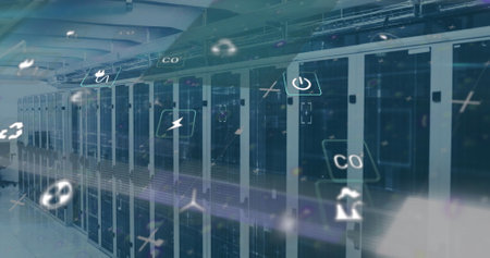 Image of data processing and ecology icons over server room. Global business and digital interface...