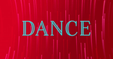 Image of neon dance text banner over neon pink light trails spinning against red background. Nightlife and disco conceptの写真素材