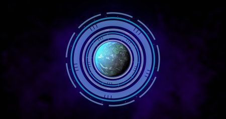 Image of scope scanning and data processing over globe. Global computer data processing and digital interface concept digitally generated image.の写真素材