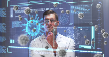 Image of screen with covid 19 cell and medical data processing over male doctor in lab coat. global...