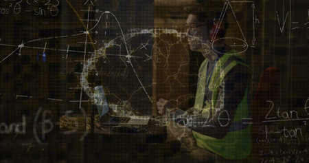 Image of mathematical equations and digital brain over asian man in server room. Global technology, online security and digital interface concept digitally generated image.の写真素材