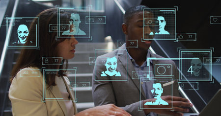 Image of people icons over diverse business people in office. Global business and digital interface concept digitally generated image.の写真素材