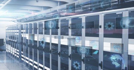 Image of data processing over server room. Global business and digital interface concept digitally...