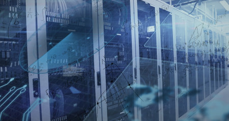 Image of data processing over landscape. Global finance economy technology and digital interface...