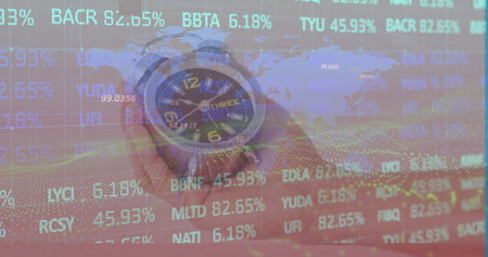 Image of data processing over hand with clock. Global education and digital interface concept...