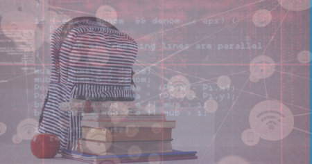Image of data processing over school bag. Global education and digital interface concept digitally generated image.の写真素材