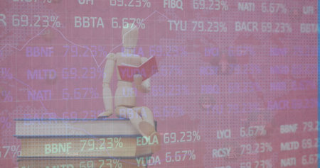 Image of data processing over mannequin with books. Global education and digital interface concept digitally generated image.の写真素材