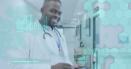 Image of medical data processing over african american male doctor. Global healthcare, science,...