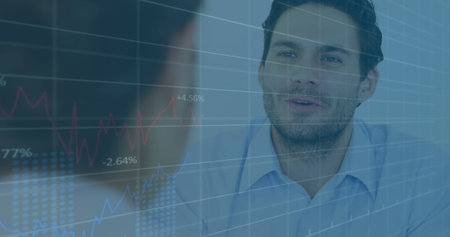 Image of financial data processing over businessmen shaking hands. global finances and business...