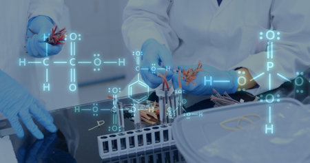 Image of mathematical equations over caucasian doctors taking samples. Global science and digital...