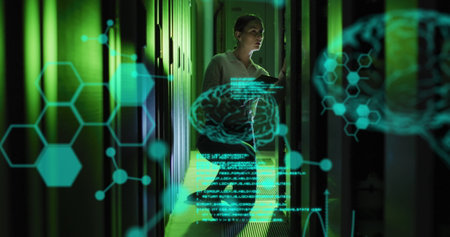 Image of data processing and digital brain over caucasian woman in server room. Global technology,...