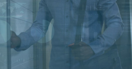 Image of financial data processing over african american businessman. Global business and data...