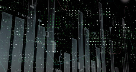 Image of data processing over server room. Data processing digital interface and technology concept...
