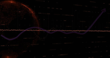 Image of soundwave and graph with arrow over globe against black background. Digitally generated,...