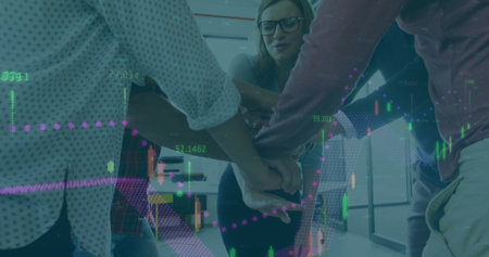 Image of financial data processing over office colleagues stacking hands. global finance, business...