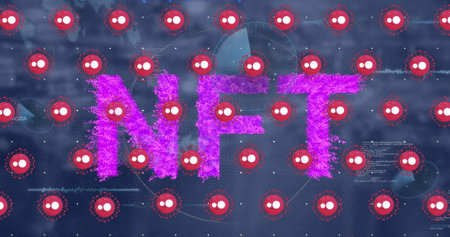 Image of falling cells and nft text on dark background. Global covid 19 pandemic concept digital generated image.の写真素材