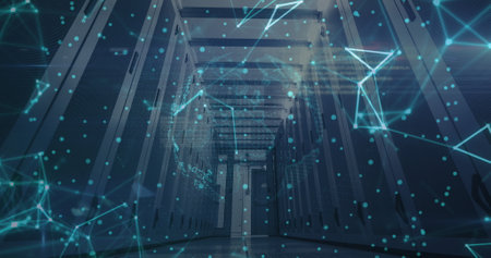 Image of data processing and globe over server room. Global business and digital interface concept digitally generated imageの写真素材