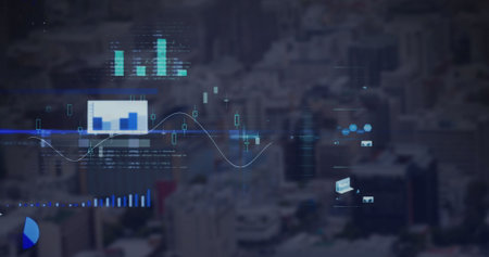 Image of statistics and data processing over cityscape. global data processing, digital interface and technology concept digitally generated image.の写真素材