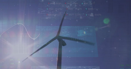 Image of statistics and data processing over wind turbine and engineer on blue background. Global...
