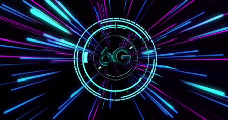 Image of 6g text over pink and blue neon light trails. Global connections, computing and data...