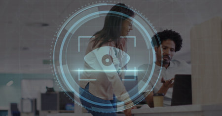 Image of scope scanning with cyber security text over diverse business people working at office....