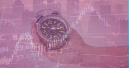 Image of financial data processing over clock. Global business finance and networking concept...