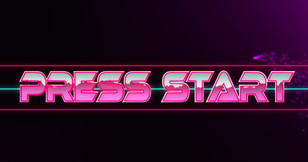 Image of press start text in pink metallic letters over explosion of purple light trails. global...