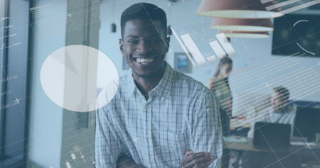 Image of financial data processing over african american businessman working at office. Global...