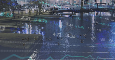Image of financial data and graphs over cityscape. Global business, city life, finance and economy...