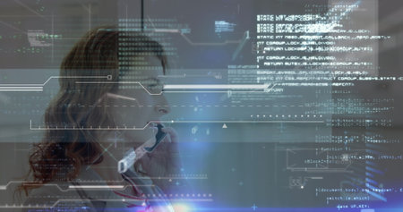 Image of data processing and light spots over caucasian businesswoman talking on smartphone....