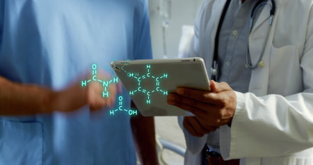 Image of chemical equations over caucasian male doctors using tablet with patient in background. Global medicine and digital interface concept digitally generated image.の写真素材