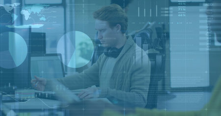 Image of financial data processing over diverse business people in office. Global finance, business, connections, computing and data processing concept digitally generated image.の写真素材