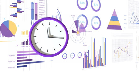 Image of clock moving and data processing on white background. Education, digital interface and...
