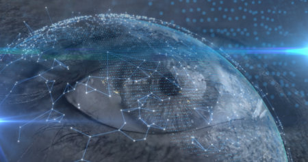 Image of networks of connections with eye and blue spots. digital interface, identity and technology concept digitally generated image.の写真素材